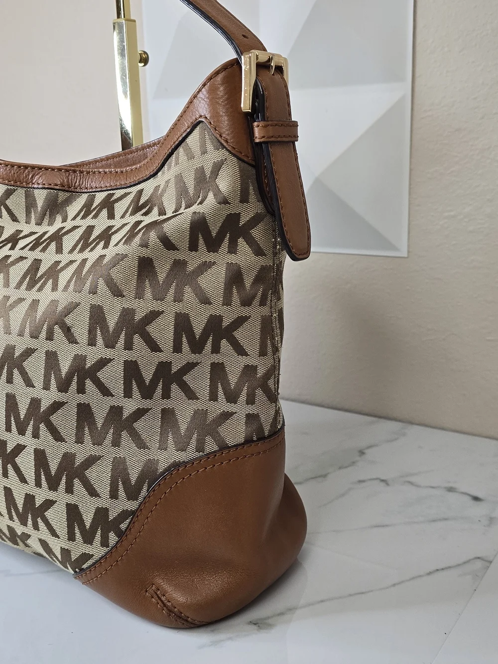 Michael Kors Large Logo Jacquard Hobo Shoulder Bag Tan Brown MK Monogram